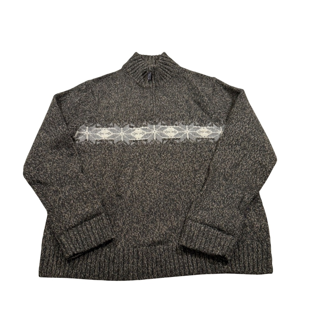 Eddie Bauer‎ Brown Fair Isle Knit Quarter Zip Vtg Sweater Lambswool  Nordic XL